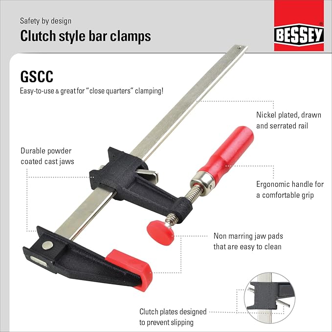 BESSEY GSCC4PK-C Clamp Set for Woodworking, F-style with Wood Handle, Replaceable Pads, 2 x 6 In and 2 x 12 In, 600 lb, Red/Black/Silver