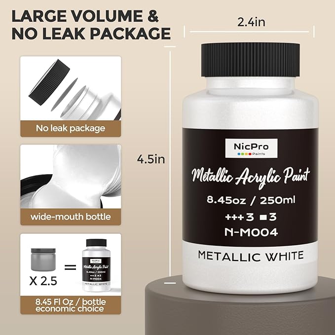 Nicpro Metallic Pearl White Acrylic Paint, 8.45oz/250ml White Craft Paint | - Image 7