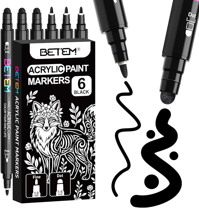Betem 6 Black Dual Tip Acrylic Paint Markers, Fabric Decorating Kits Premium by BetemArtWorld