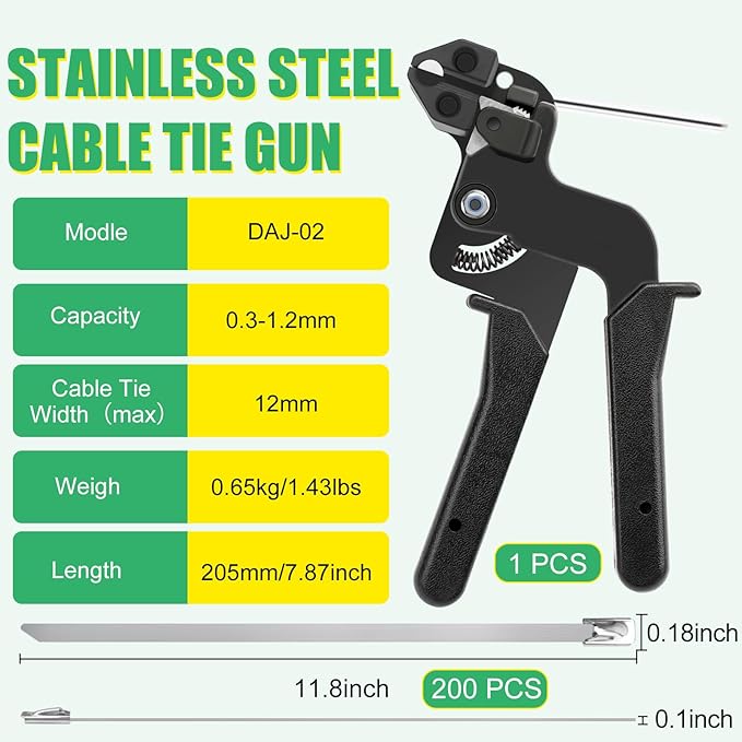 Heavy Duty Stainless Steel Cable Tie Gun Kit with 200PCS 11.8 Inch Self-Locking Metal Zip Ties, Adjustable Tension Cutting Tool for Garden Fence Repair, Automotive & Outdoor Projects (11.8'')
