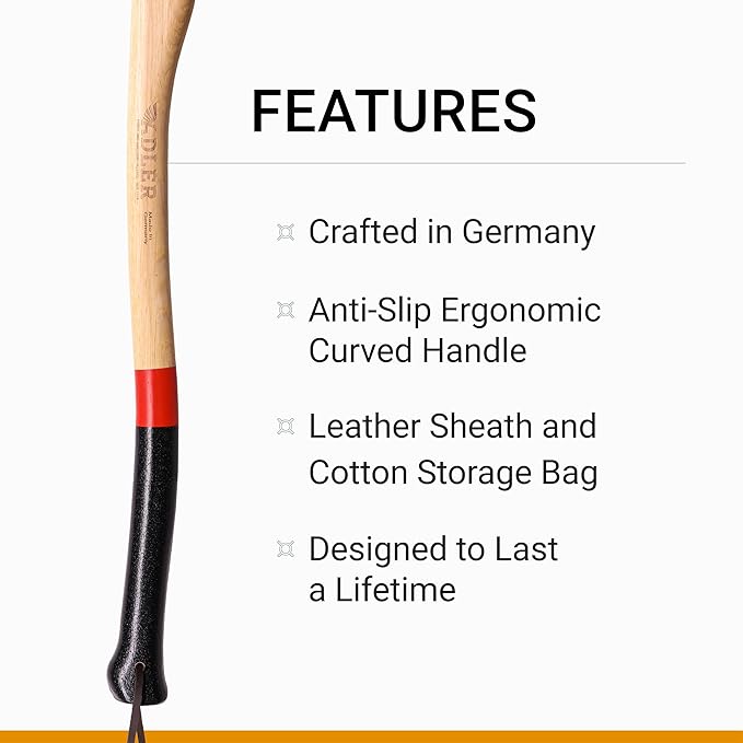 Yankee Axe - German Forester's Axe with Leather Sheath, 3.5 lb Head, Anti-Slip 31.5" Hickory Handle with Red Stripe