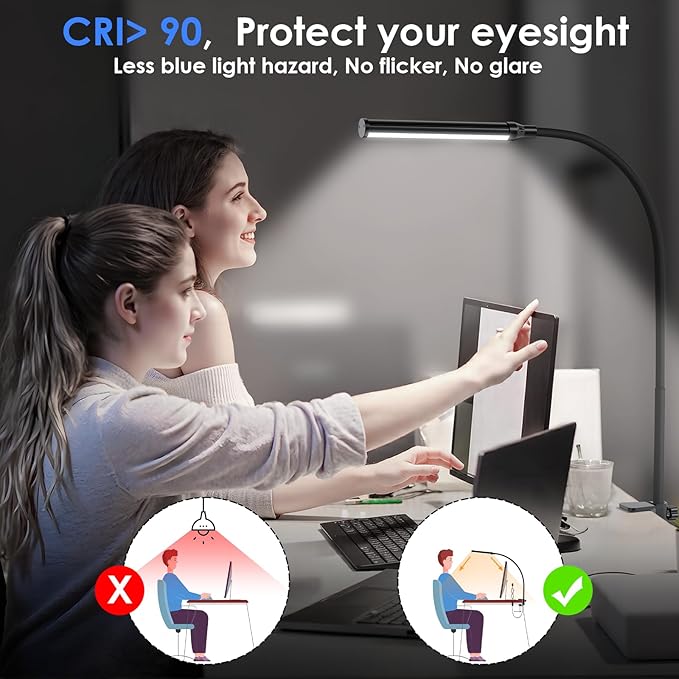 ShineTech LED Desk lamp with Clamp, 5000K Daylight White 11 Brightness Level Eye-Caring Clip Lights for Home Office, Flexible Gooseneck USB Adapter, Black