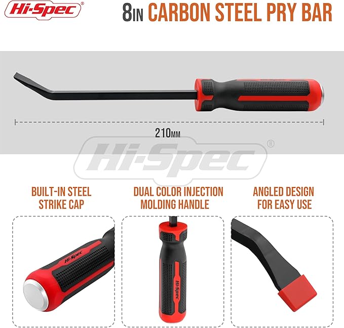 Hi-Spec 1pc Carbon Steel Pry Bar Set - 8" (0.6ft)/ 0.2m Size with Heavy Duty Striking Cap. Ergonomic Comfort Hold Handles for Home & Garage DIY Jobs