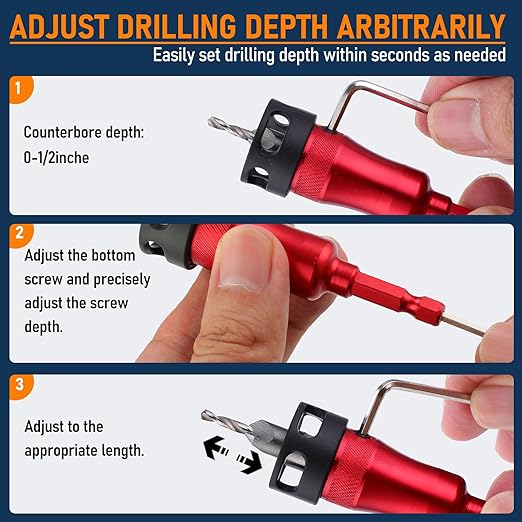 Metal Countersink Drill Bit Set 9-in-1 with Depth Stop, 4 Reversible Heads & Vertical Pilot Adjustable - Hex Shank for Hardened Steel/Woodworking, Hex Key & Chamfer Tool Includ