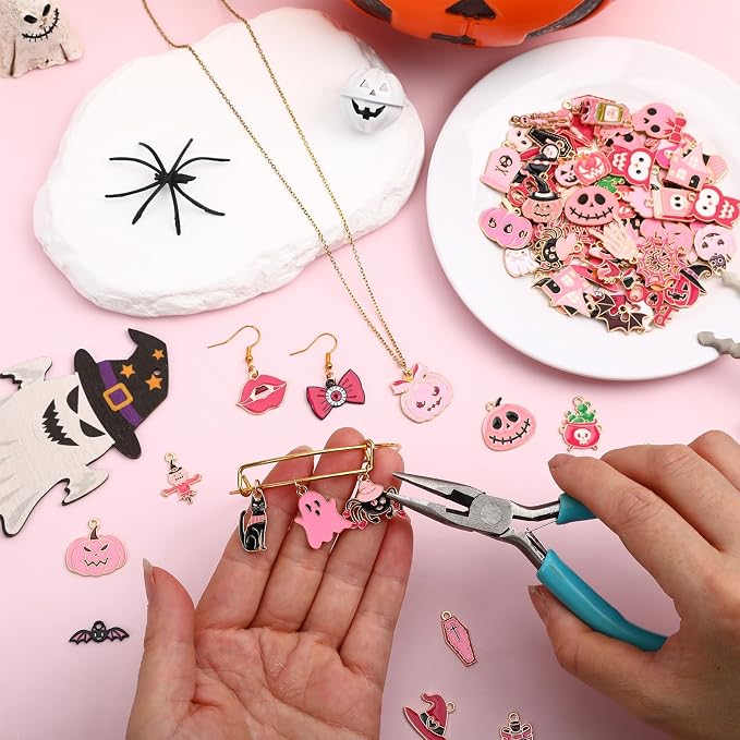 SANNIX 110Pcs 55 Pairs Pink Halloween Charms Bulk Cute Enamel Jewelry Charm | - Image 6