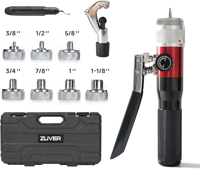 Hydraulic Tube Expander HVAC Swaging Tool Kit Copper Pipes Compact Tool Set with Tube Cutter, Deburring Tool, and 7 Expander Heads 3/8, 1/2, 5/8, 3/4, 7/8, 1, 1-1/8 Inch
