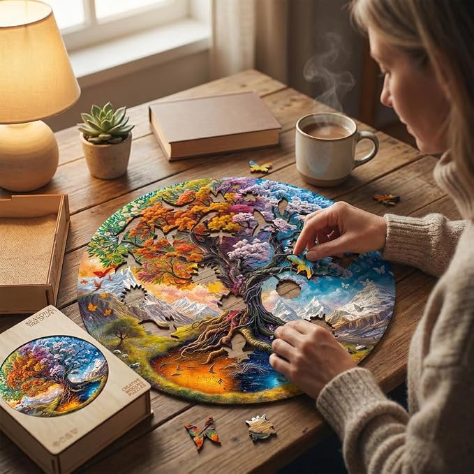 100 Pieces Wooden Puzzles Adults, Seasonal Tree of Life Wood Puzzles Adult - Image 2