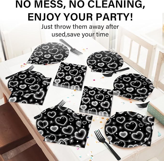 Qyeahkj 100 Pcs 2000s Party Plates Napkins Forks Set Black Heart Tableware - Image 5