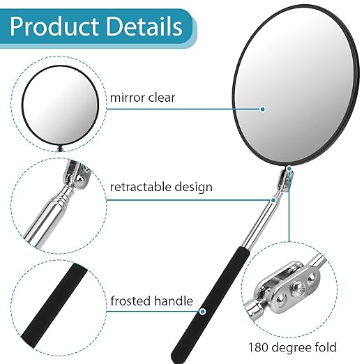 Telescoping Inspection Mirror, Circular Inspection Mirror, Flexible Inspection Mirror 360 Rotation with Extended Handle Round Inspection Mirrors for Checking Vehicle Condition(Dia-4 Inch)