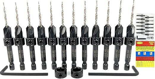 FTG USA 12 Pc #4 (7/64") Countersink Drill Bit Set with Depth Stop Collar, Hex Wrench - Tapered Drill Bits for Wood
