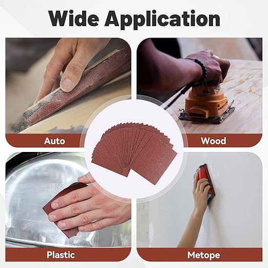 1/4 Sandpaper Sheet – 4-1/2” x 5-1/2”, P60 Grit, Red Aluminum Oxide, Plain Backing, 50-Pack – Sandpaper Sheets for Palm Sanders and Woodworking