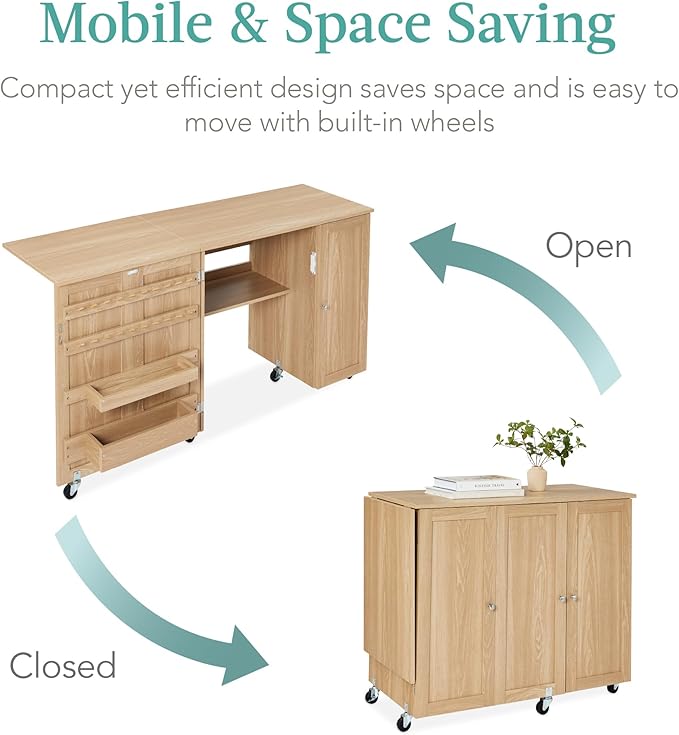 Best Choice Products Large Folding Sewing Table, Caster Wheels, Storage Shelves - Image 5