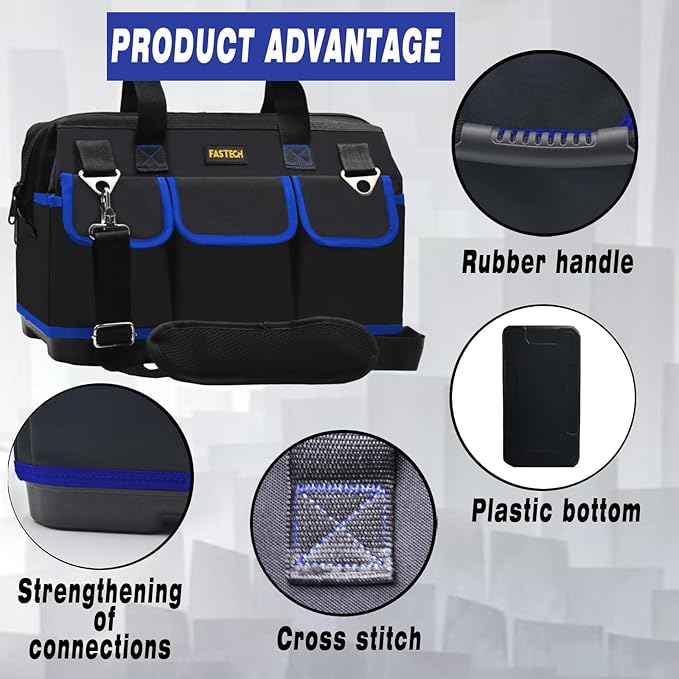 22 Inch Tool Bag, Waterproof Wide Mouth Tool Kit, Heavy Duty Tool Bag Organizer With Shoulder Straps, Tool Storage Package For Men/Women (Blue22IN)