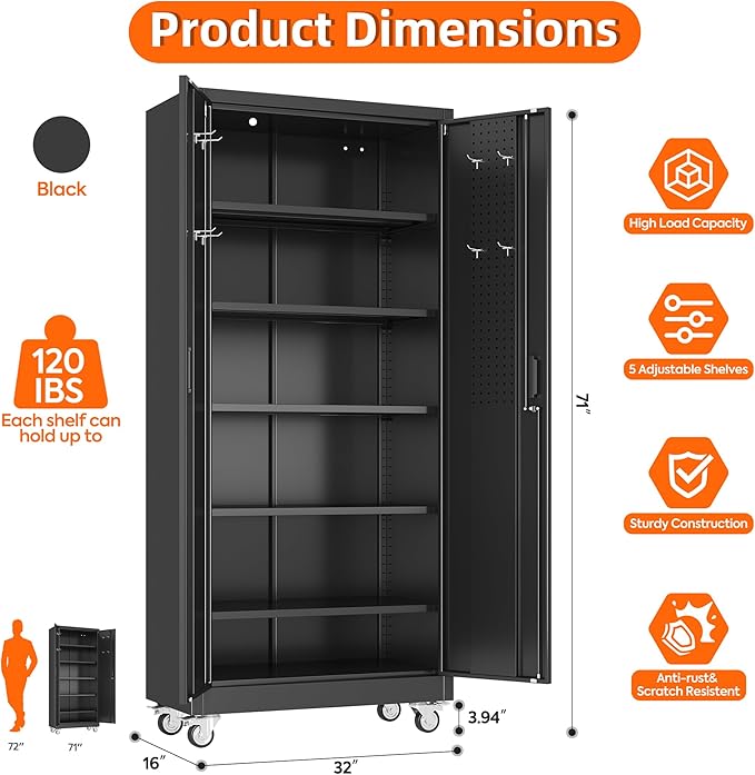 71" Metal Storage Cabinet with Wheels and Pegboard, Lockable Rolling Steel Storage Cabinet with 5 Adjustable Shelves and Door for Garage, Office, Kitchen, Assembly Required,Black