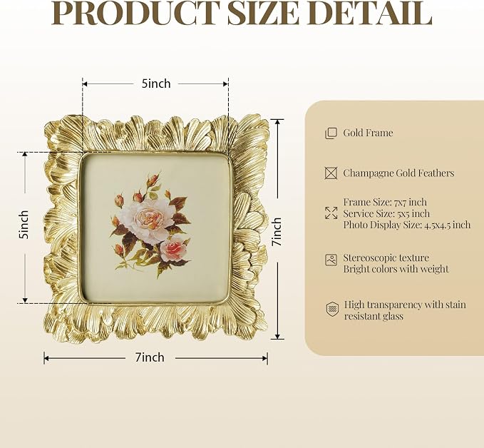 Cuspin Gold Picture Frame 5x5 Frames, Vintage Ornate Frame Palm Leaves Textured - Image 5