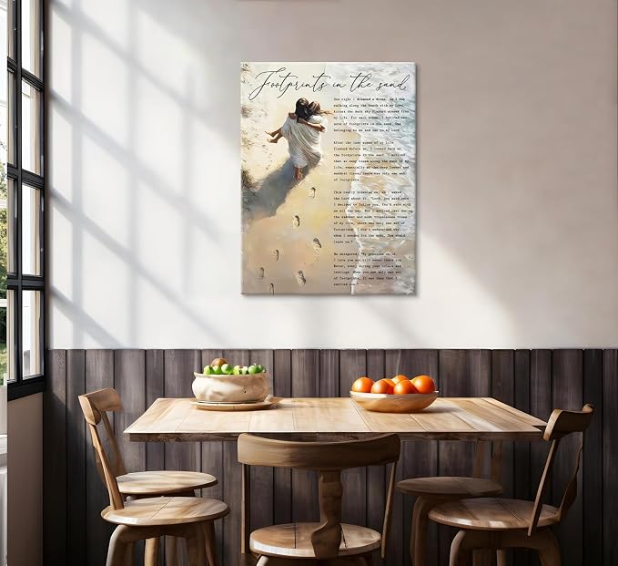 Jesus Holding Woman Wall Art Footprints in the Sand Painting Picture Wall Decor - Image 7
