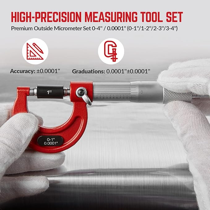Premium Outside Micrometer Set 0-4" / 0.0001" (0-1"/1-2"/2-3"/3-4") Precision Machinist Tools w/Carbide Tips, Standards, Ratchet Stop