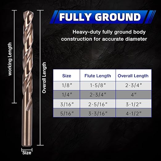 3/16 Inch Cobalt Drill Bit Set (10Pcs), M35 Fully Grounded 5% Cobalt Bits for Hardened Metals, Stainless Steel, Cast Iron and Wooden Plastics, with Storage Box