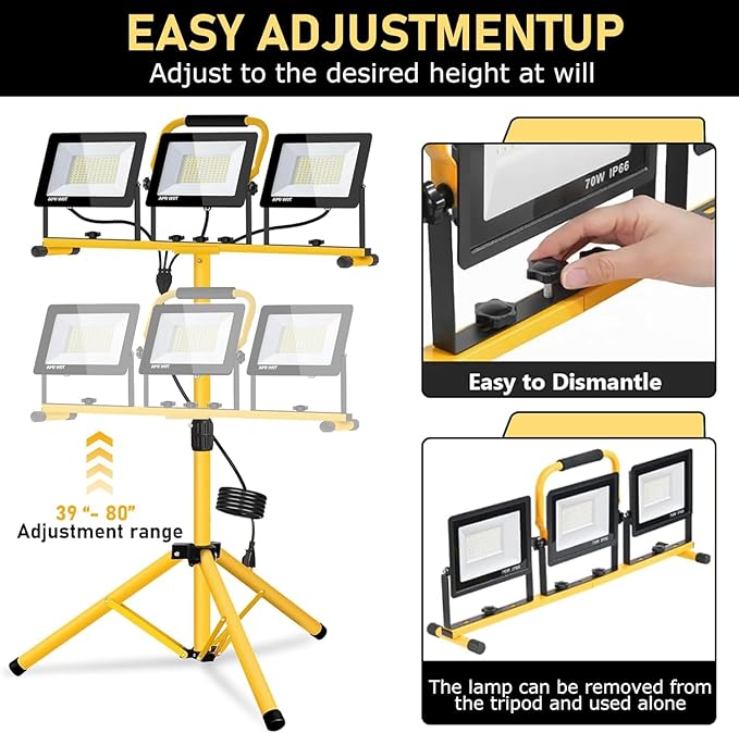 21000 Lumen LED Work Light with Stand -3 Head Portable Work Light 6500 Kelvin Color IP66 Waterproof Tripod Worklights for Job Site Workshop Garage Construction Site Lighting (3-Head)