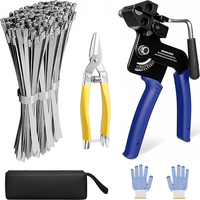 2025 Upgraded Stainless Steel Cable Tie Gun with 200pcs 11.8inch Metal Zip Ties, Fastening and Cutting Heavy Duty Stainless Steel Zip Ties for Chain Link Fence, Exhaust Pipe Outdoor