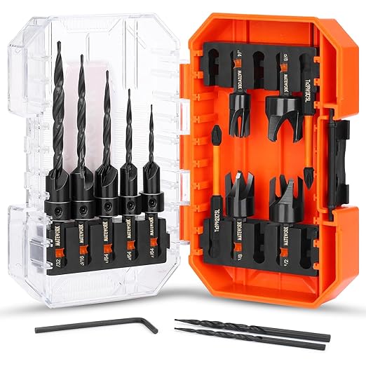 Countersink Drill Bit Set, 15PCS M2 Cobalt HSS Woodworking Tool Set, Adjustable Depth Tapered Drill Bit Set with 4 Wood Plug Cutters & 1/4" Hex Shank, Counter Sink Drill Bit for Wood with Storage Box