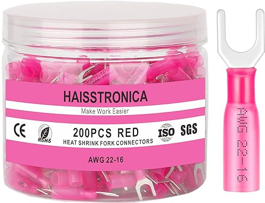 haisstronica 200PCS Heat Shrink Fork Spade Connectors #10 Waterproof Marine Grade Fork Terminal Connectors U-Type Red 22-16 Gauge