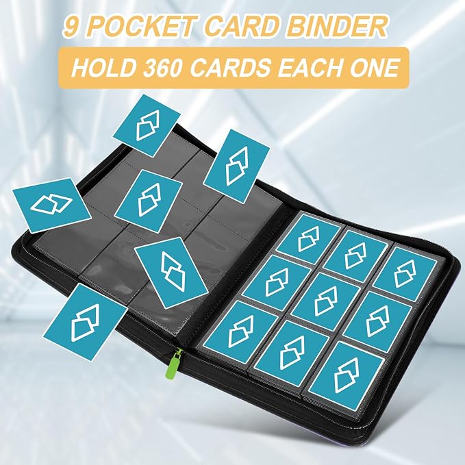 360 Cards Ringless 9-Pocket Side Loading Trading Card Binder, PU Zipper Fixed - Image 4