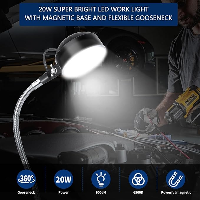 20W WangJiaTai Magnetic Work Light, LED Machine Work Light with 16 in Flexible Gooseneck and Magnetic Base, Shop Tool Lamp for Lathe, Work Bench,Machine,Grill,Industrial Lighting, 2000Lumens, Silver