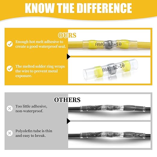 200PCS Solder Seal Wire Connectors Yellow, 12-10 AWG Self Soldering Heat Shrink Wire Connectors Marine Grade Waterproof Insulated Electrical Butt Splice Wire Terminals for Automotive Boat Truck