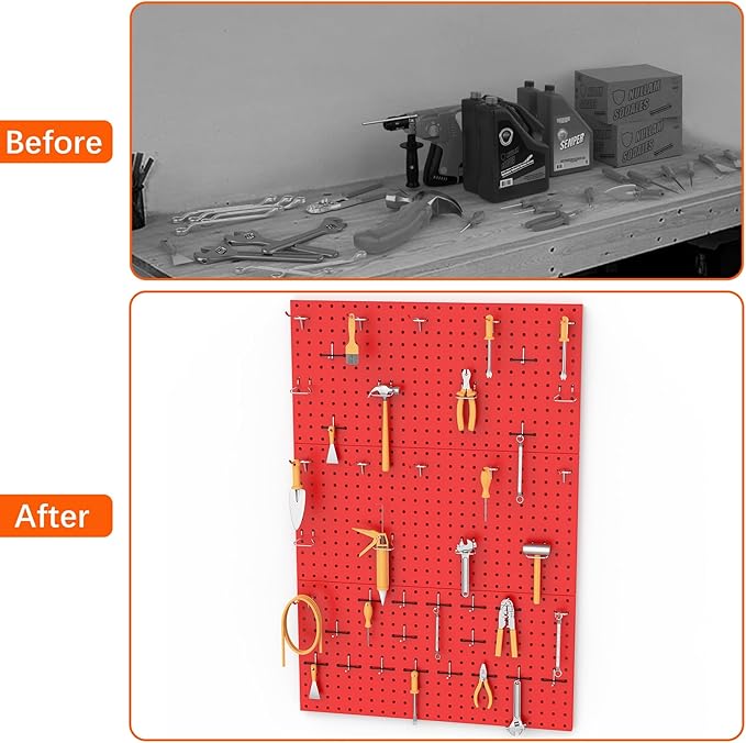 TORACK 3Pcs Metal Pegboard Panels(12x24 inch) for Wall Garage Tools Storage Pegboard System for Workbench, Modular Peg Board Tool Organizer Board Kit(Pack of 3, Red)