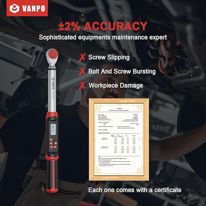 Digital Torque Wrench 1/2 Inch Drive, 45CM/17.72 Inch, ±2% Accuracy 5-99.5 ft-lbs./6.8-135Nm Electronic Torque Wrench with Preset Value, Buzzer and LED Notification for Moto, Car