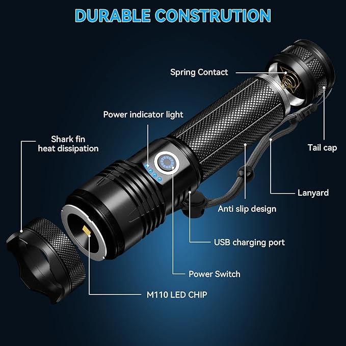 Flashlights High Lumens, 99,000 Lumens LED Flashlight Rechargeable, 5 Modes, Adjustable Beam & 12H Running Time, Powerful and Bright Flash Light for Home/Camping, IPX6 Waterproof