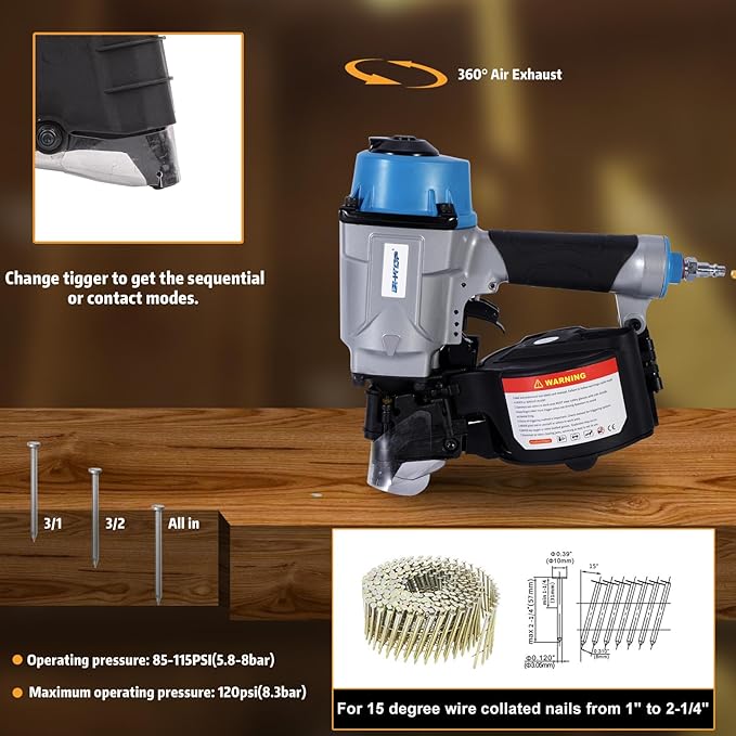 BHTOP CN55N Pneumatic Nail Gun, 15 Degree Professional Coil Nailer, 1 Inch to 2-1/4 inch Coil Pallet Nail Gun, 350-pcs Load Capacity Pallet Nailer Blue
