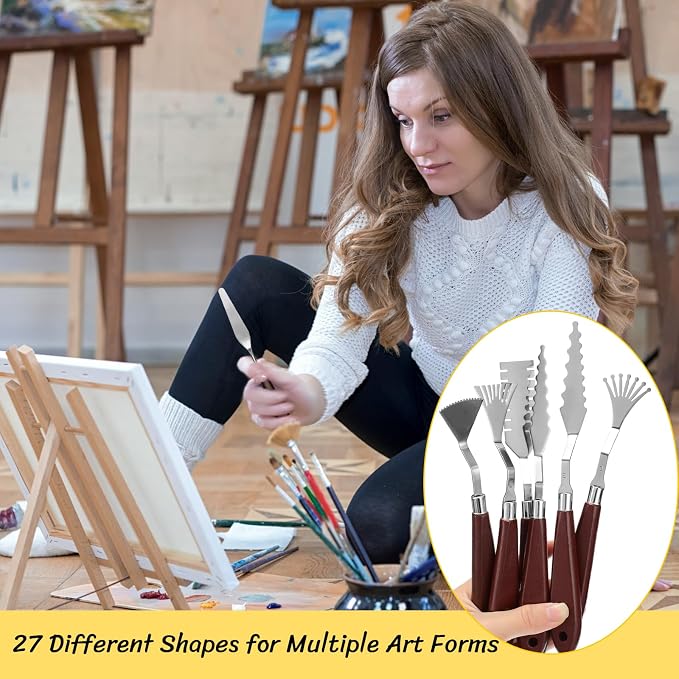 Lasnten 27 Pcs Palette Knife Set Stainless Steel Wood Handle Acrylic Paint - Image 7