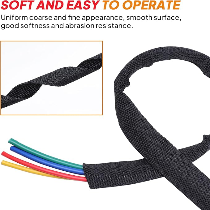 Black 2:1 Ratio Automotive Heat Shrink Braided Sleeving,Wear-Resistant Flat Woven Shrinkable Sleeve Fabric Car Cable Wires Hoses Protection (1-3/8"-8ft)