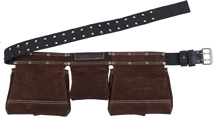 VEEKAY Brown Leather Tool Belt 11 Pocket Suede with 2-Inch Wide Nylon Belt & Pouch, Fits 32" to 50" Waist – Durable for Construction, Carpenters, and Framers
