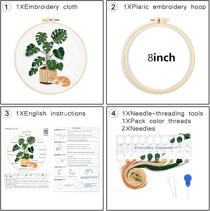 Monstera Embroidery Kits for Beginners Adults, Cat Hand Embroidery Kits - Image 3