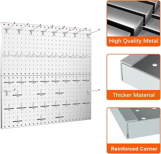 TORACK Metal Pegboard Wall Organizer 24" x 24" or 12" x 48", 70PCS Tools Storage Pegboard for Garage Peg Board Tool Organizer Board with Hooks for Workbench(Grey)