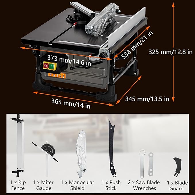 8-inch Table Saw for Jobsite, 6.7-Amp Copper Motor, Cutting Speed up to 3576RPM, 24T Blade, Compact Portable Table Saw Kit, with Sliding Miter Gauge DIY Woodworking and Furniture Making, Grey