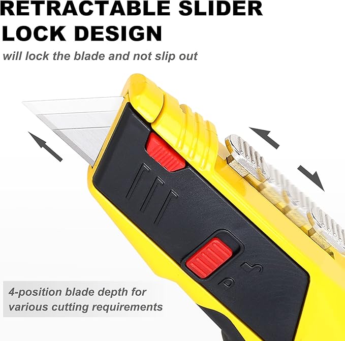 TOPLINE Heavy Duty Auto-Loading Utility Knife, Safety Box Cutter Knife for Quick Blade Change, Box Cutter Retractable with Blade Storage, 5-Piece SK5 Blades Included