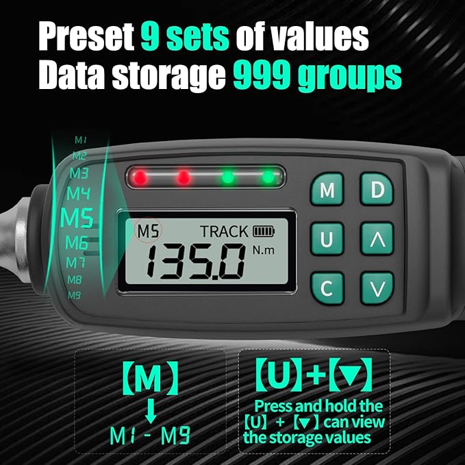 1/2-Inch Drive Digital Torque Wrench, 5-99.5 ft-lb (6.8-135 Nm), ±2% Accuracy - Professional Electronic Wrench with Buzzer & LED Alerts for Precision Automotive, Motorcycle & Engine Work