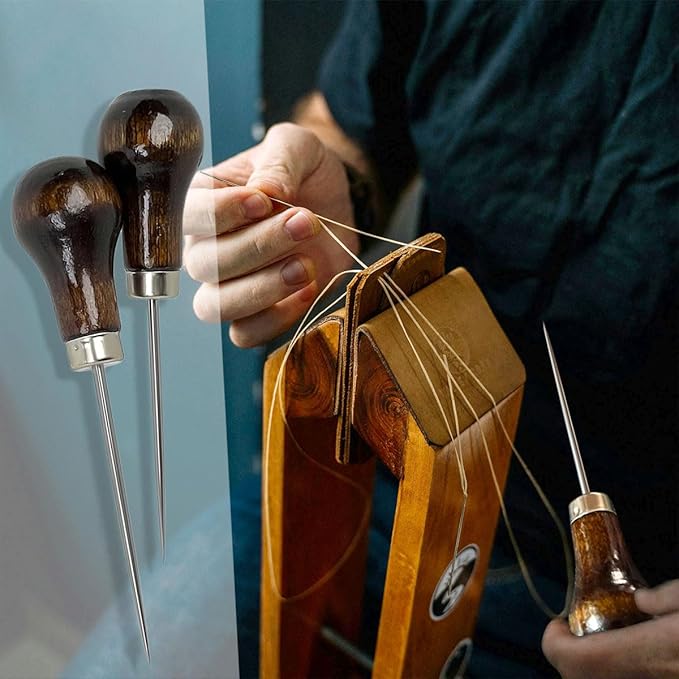 4 Pcs Scratch Awl Tool, with Gourd Shape Wooden Handle, Leather Awl Punch Tool,Tailors Awl, for Sewing Punching Stitching, Gourd Awl Repair Tool for Leather Craft Cloth