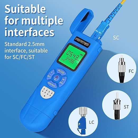 Rechargeable Optical Power Meter L-C70-50km mini Fiber Cable Tester Suitable for SC/FC/ST/LC Interface 4-in-1 Function Built-in 50km Visual Fault Locator RJ45 Network Testing with 1 FC-LC Adapter