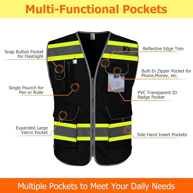TCCFCCT Hi Vis Vest 9 Pockets High Visibility Reflective Safety Vest for Men Women, Construction Work Vest with Fluorescent Yellow Extend Edge, Durable to Use, Meets ANSI/ISEA, (DB-Black, Medium)