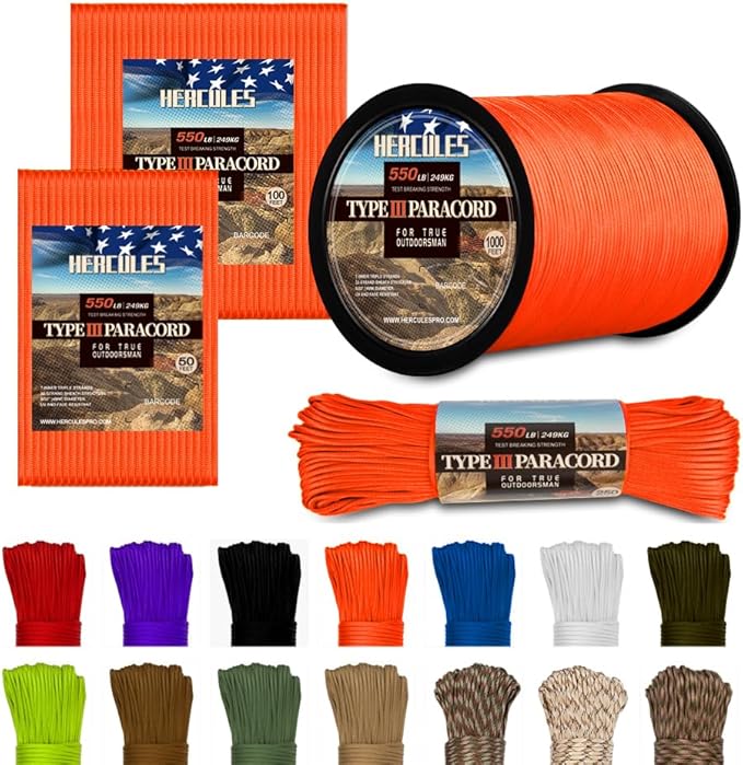HERCULES Type III Paracord 550 Paracord Rope Parachute Cord, 250' Neon Orange for Camping Cord, Survival Rope