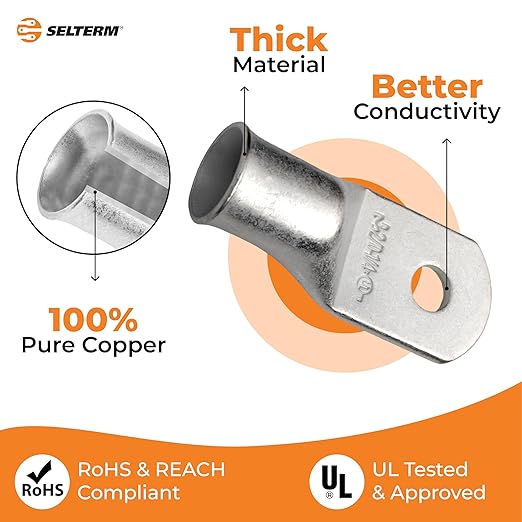 SELTERM 5pcs 2/0 AWG 1/4" Stud Tinned Copper Wire Lugs, Battery Lugs, Ring Terminals, Battery Cable Ends, 00 Gauge Ring Terminal Connectors, UL Marine Grade Electrical Battery Terminal Connectors