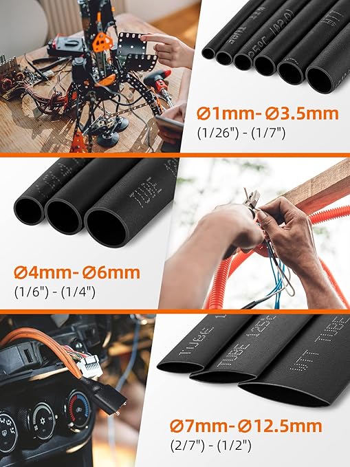 Eventronic 900PCS Wire Heat Shrink Tubing Kit, Industrial Heat-Shrink Tubing for Wires, 2:1 Marine Grade Heat Shrink Wrap, Premium Large Electrical Waterproof Heat Shrink Tape (Black 12 Sizes)