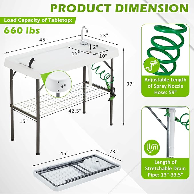 Folding Fish Cleaning Table with Collapsible Bucket, Portable Outdoor Fillet Station Camping Sink Table with Faucet, Drainage Hose & Sprayer, Grid Rack, Knife Groove for Picnic Fishing