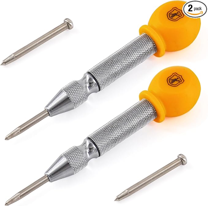 Mulwark 5'' Automatic Center Punch Set - Spring Loaded Center Punch for Metal, Wood, Plastic, Car Window Puncher Breaker Tool with Palm Cap, Replacement Tips and Springs Included, 2 Packs with Case