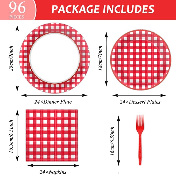 Tevxj 96 PCS Picnic Party Plates Red and White Gingham Checkered Plaid Party - Image 2